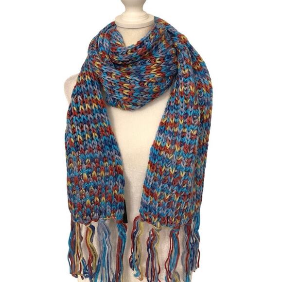 RIKKA NWT Blue Yellow Red Multi Color Crochet Fringe Winter Scarf - Picture 3 of 7